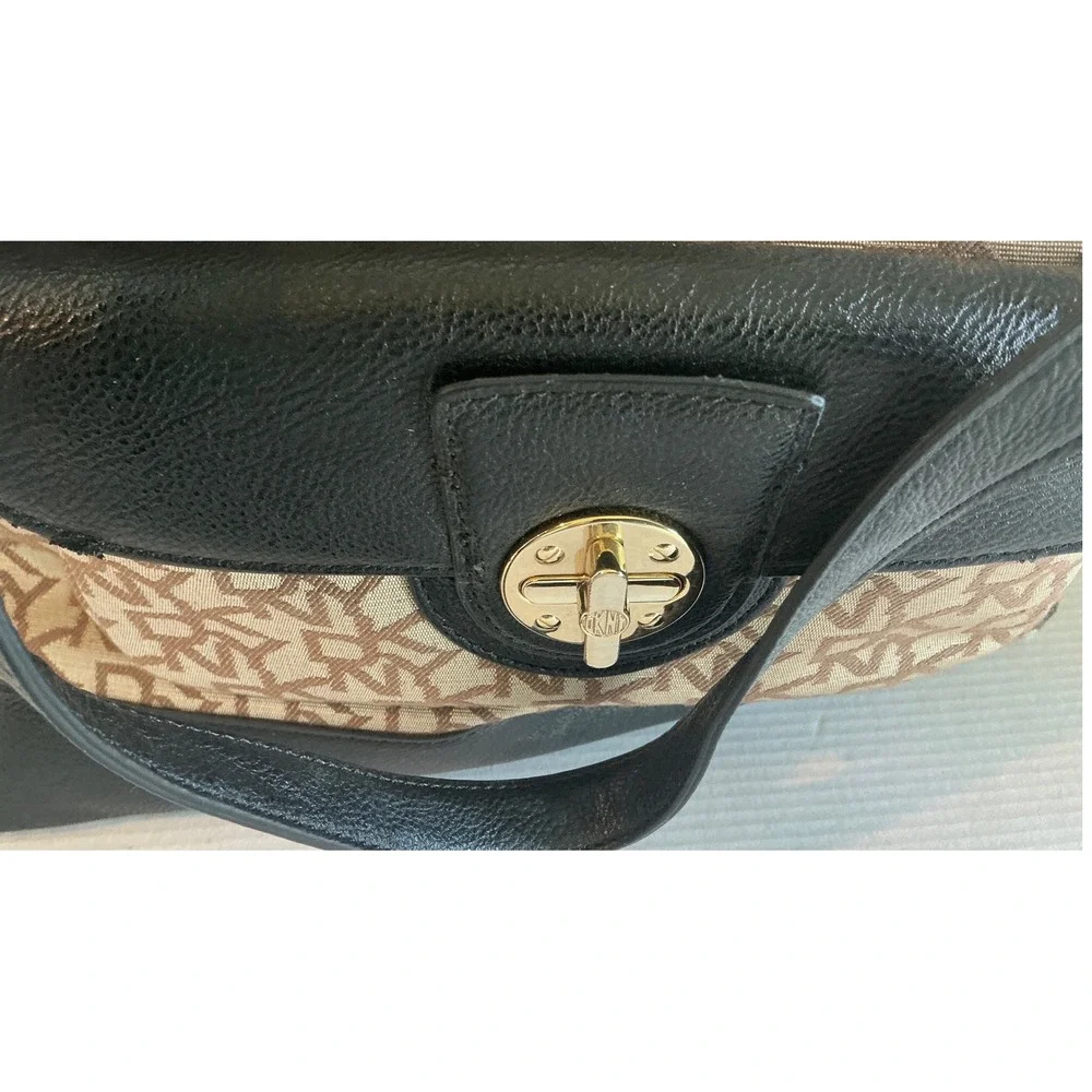 DKNY Tote Bag Monogram Logo Canvas Black Leather Trim Large Shoulder Bag Handbag